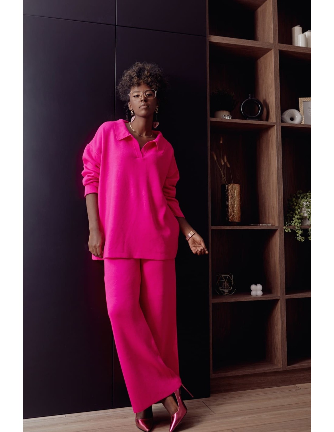 Women\'s knitted set with wide pants, neon pink 222217 - Online store - Boutique